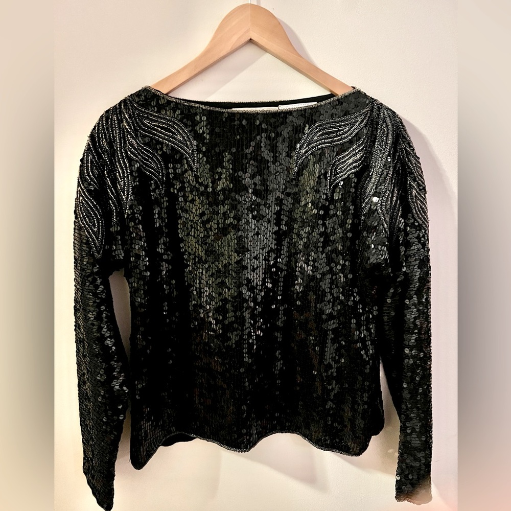 Swee Lo Vintage Beaded long sleeve top Black sz S excellent condition